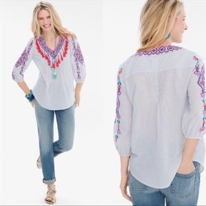 CHICO’S pinstriped embroidered boho tassel blouse
